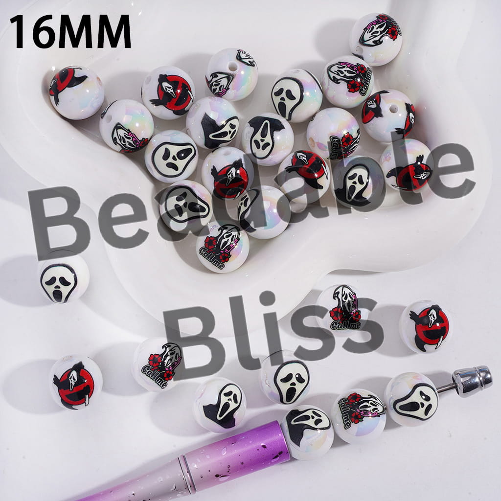 Acrylic Beads for Bracelets UV Coating with Horror Mask Character Series, 16MM, White Background, Random Mix