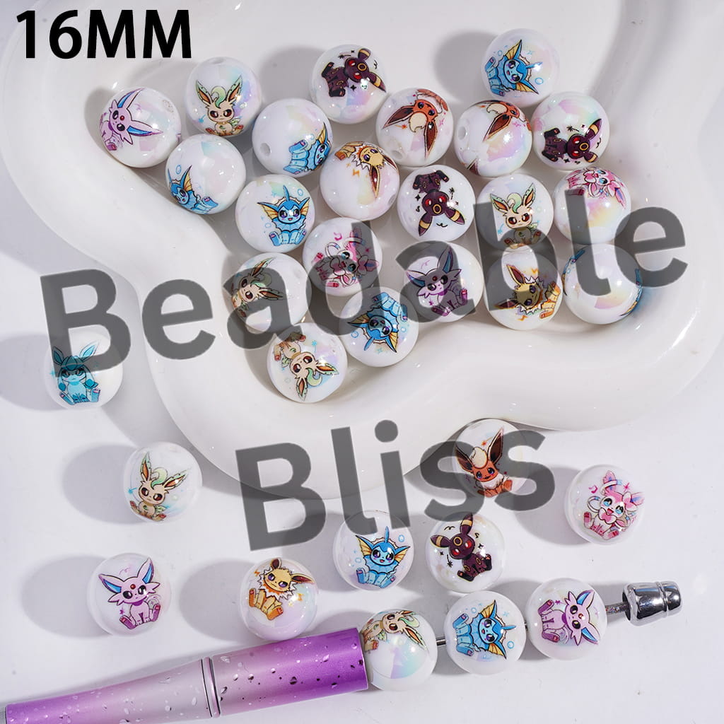Acrylic Beads for Bracelets UV Coating with Small Monster Character Series, 16MM, Random Mix