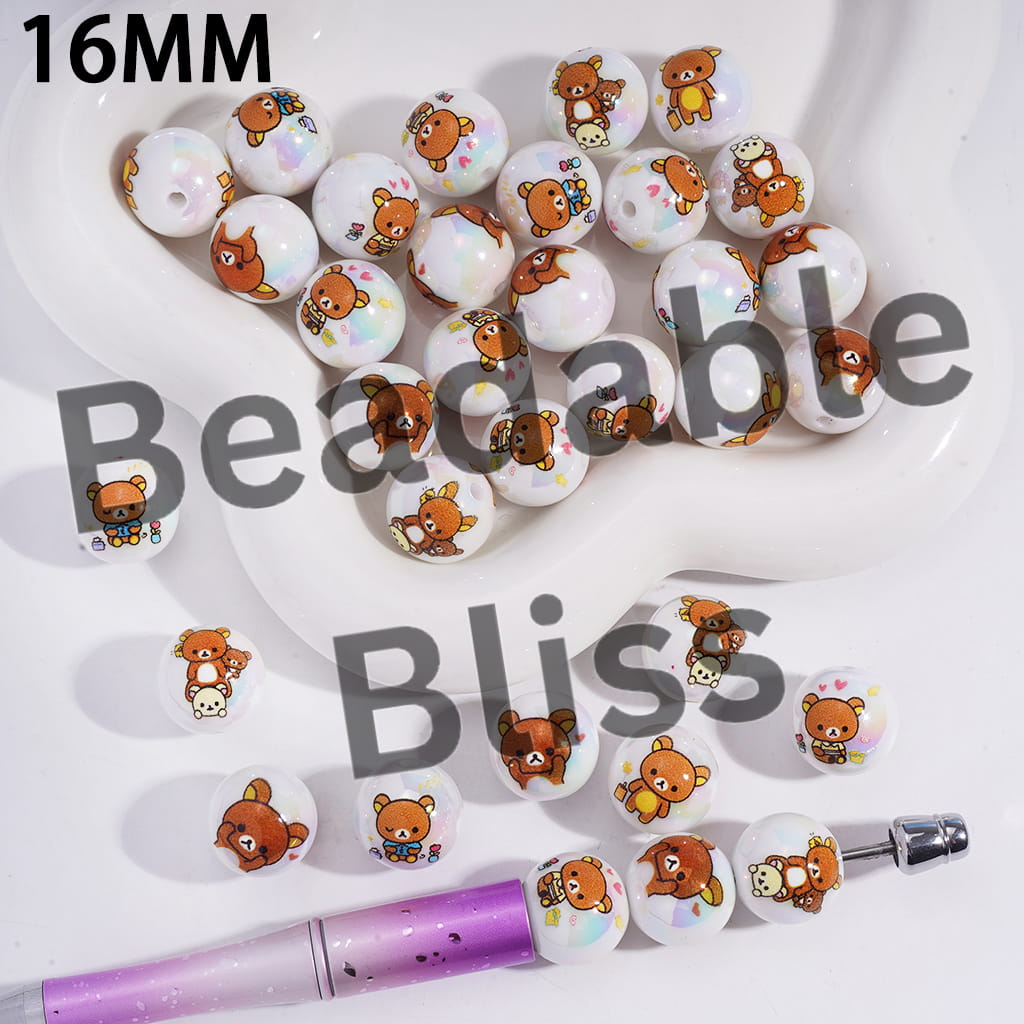 Acrylic Beads for Bracelets UV Coating with Relaxed Bear Character Series, 16MM, Random Mix