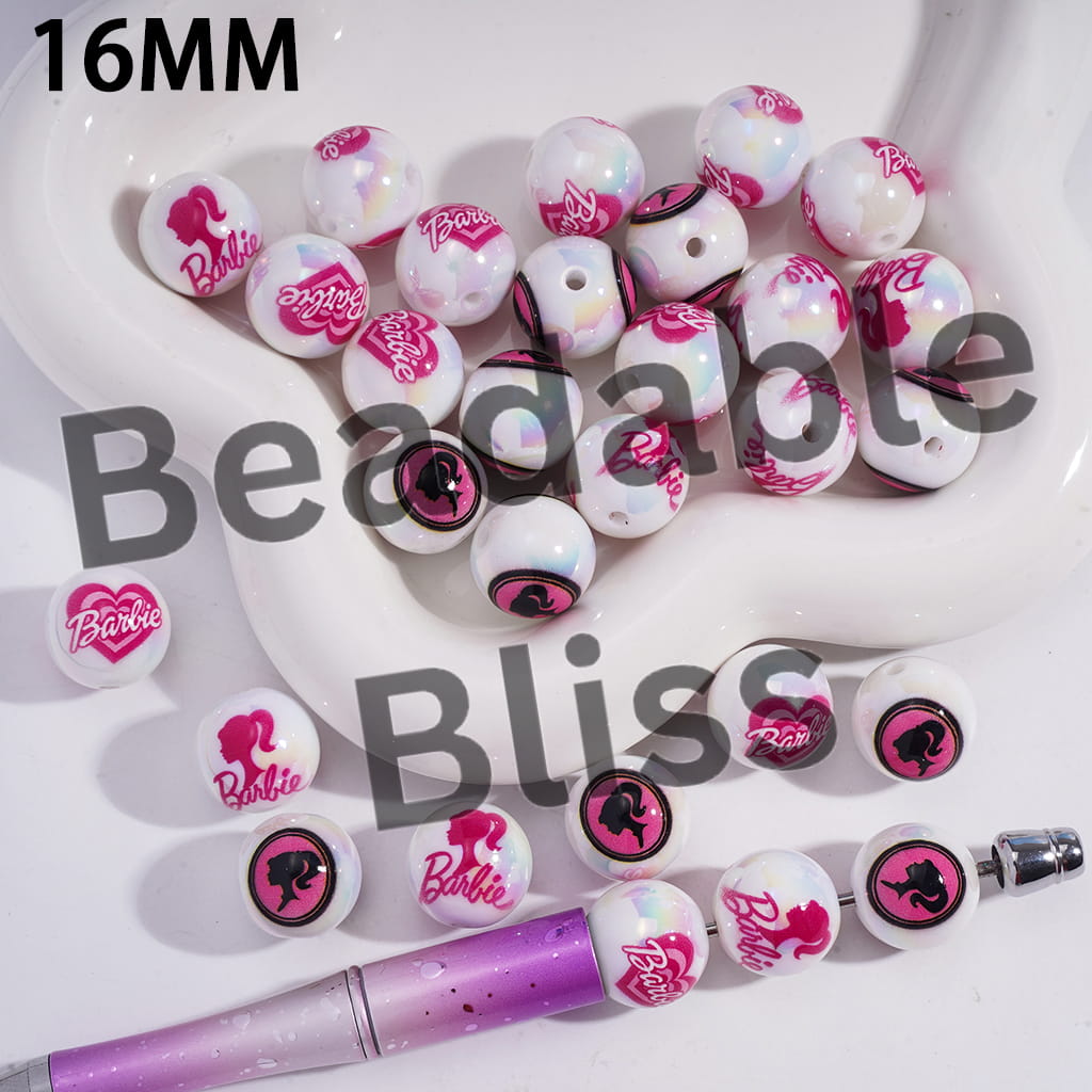 Acrylic Beads for Bracelets UV Coating with Fashion Doll Pink Series, 16MM, Random Mix