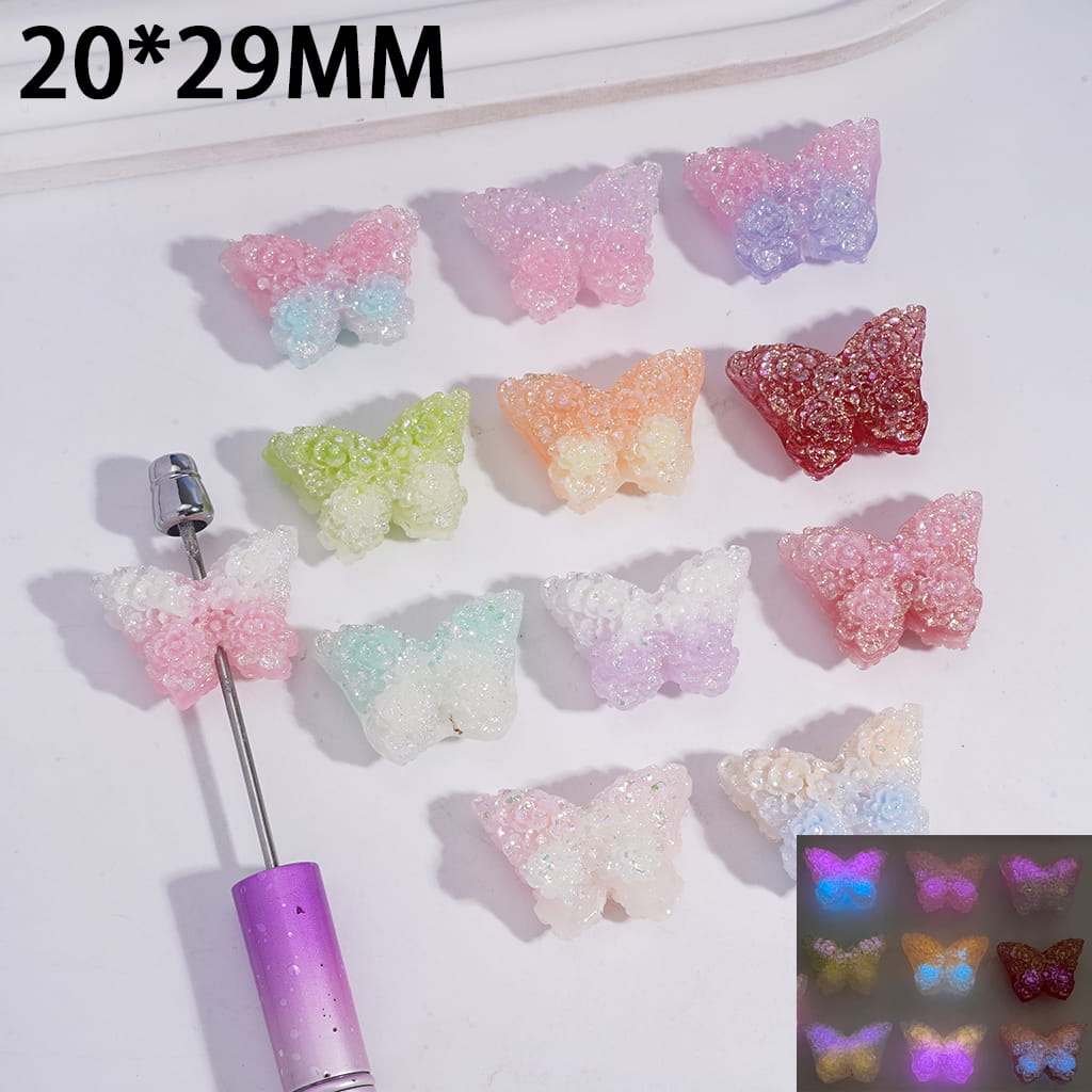 Acrylic Butterfly Beads with Luminous Sparkling Glitter Flowers in Double Layer, 20*29MM, Random Mix