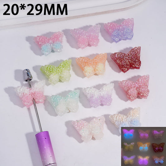 Acrylic Butterfly Beads with Luminous Sparkling Glitter Flowers in Double Layer, 20*29MM, Random Mix