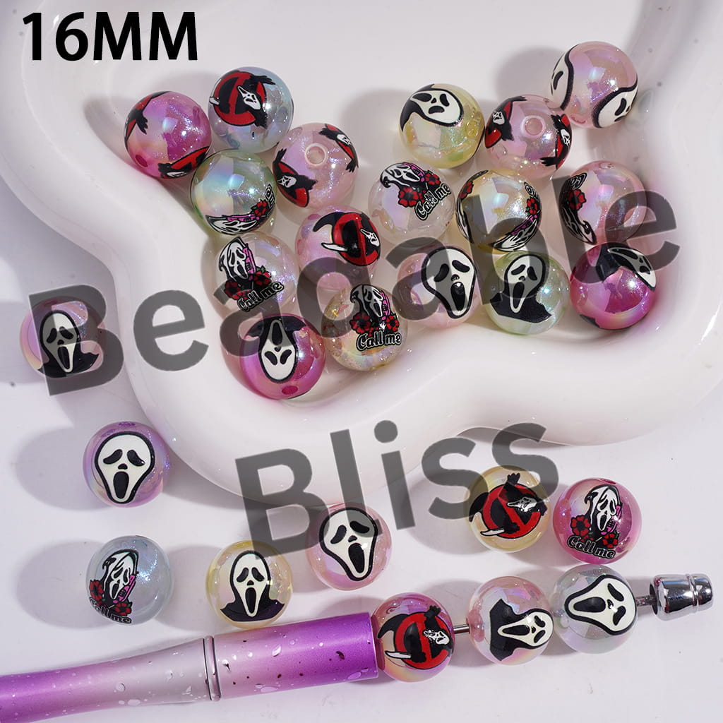 Acrylic Beads for Bracelets UV Coating with Glitter & Horror Mask Character Halloween, 16MM, Multi-Color, Random Mix