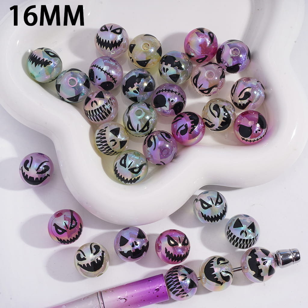 Acrylic Beads for Bracelets UV Coating with Spooky Evil Face Halloween, Glitter, 16MM, Random Mix