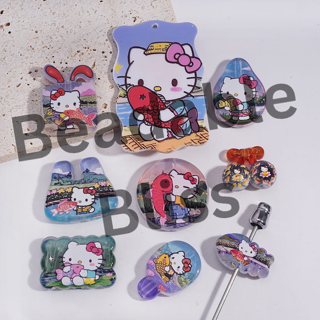 Acrylic Beads Pendants with Cute Cat Character Holding Fish in Village Life, Random Mix