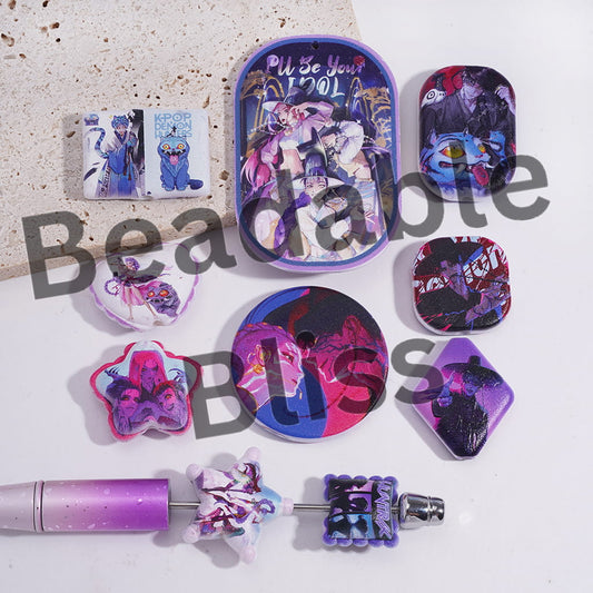 Acrylic Beads Pendants with Girl and Boy Band Prints Series, Random Mix