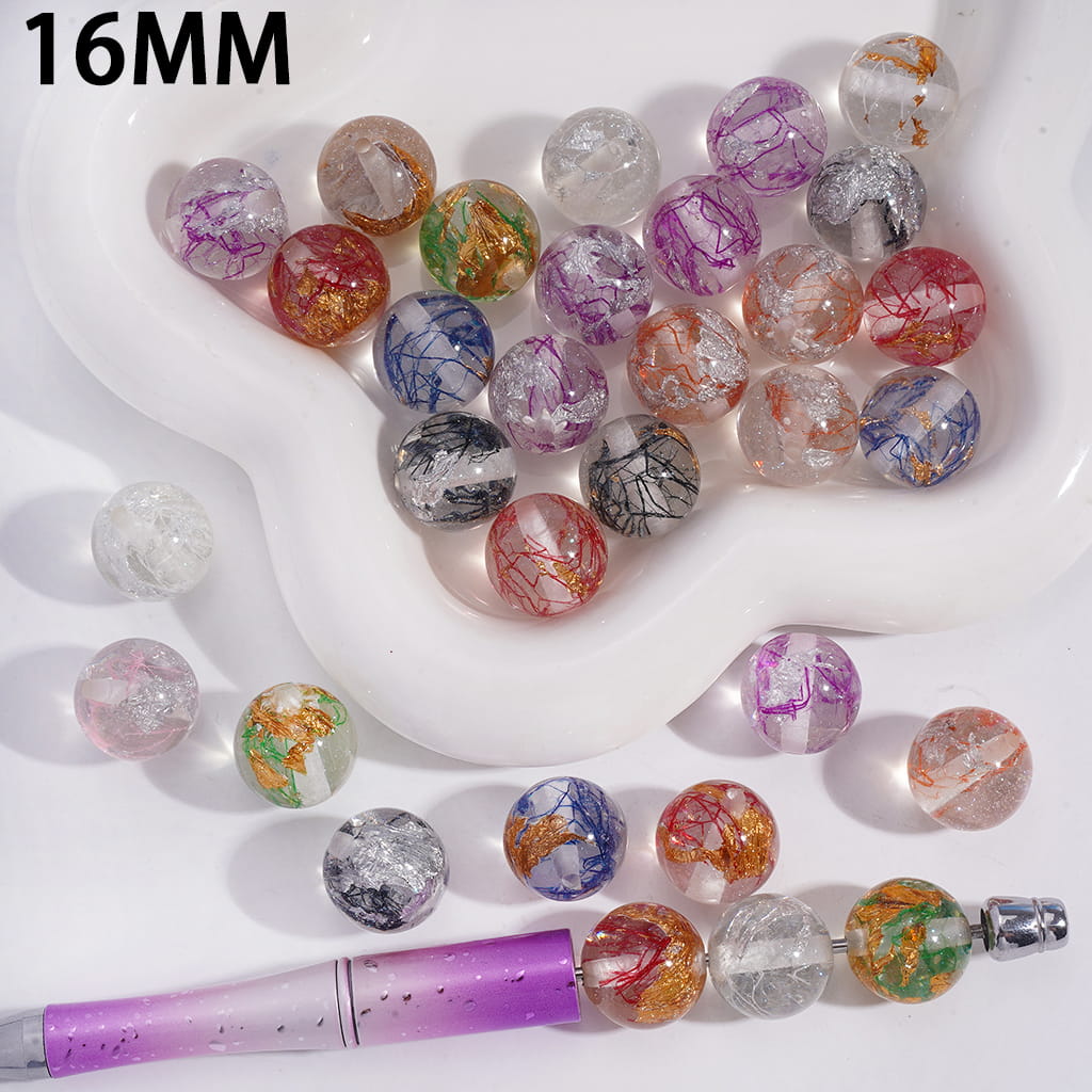 Acrylic Beads for Bracelets with Silk Yarn and Silver Gold Foil Papers Embedded Inside Bead, 16MM, Random Mix