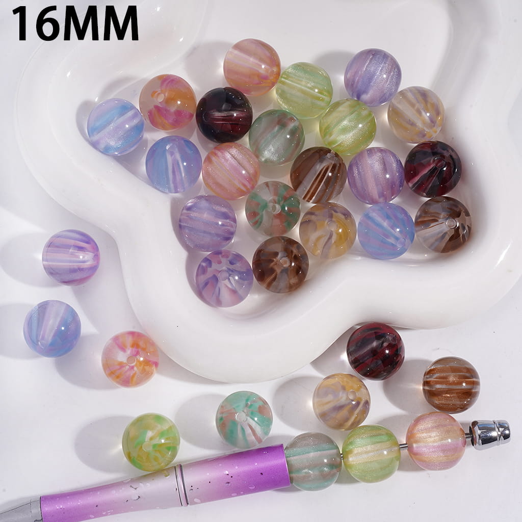 Acrylic Beads for Bracelets with Colorful Fireworks Stripes and Glitter, 16MM, Random Mix