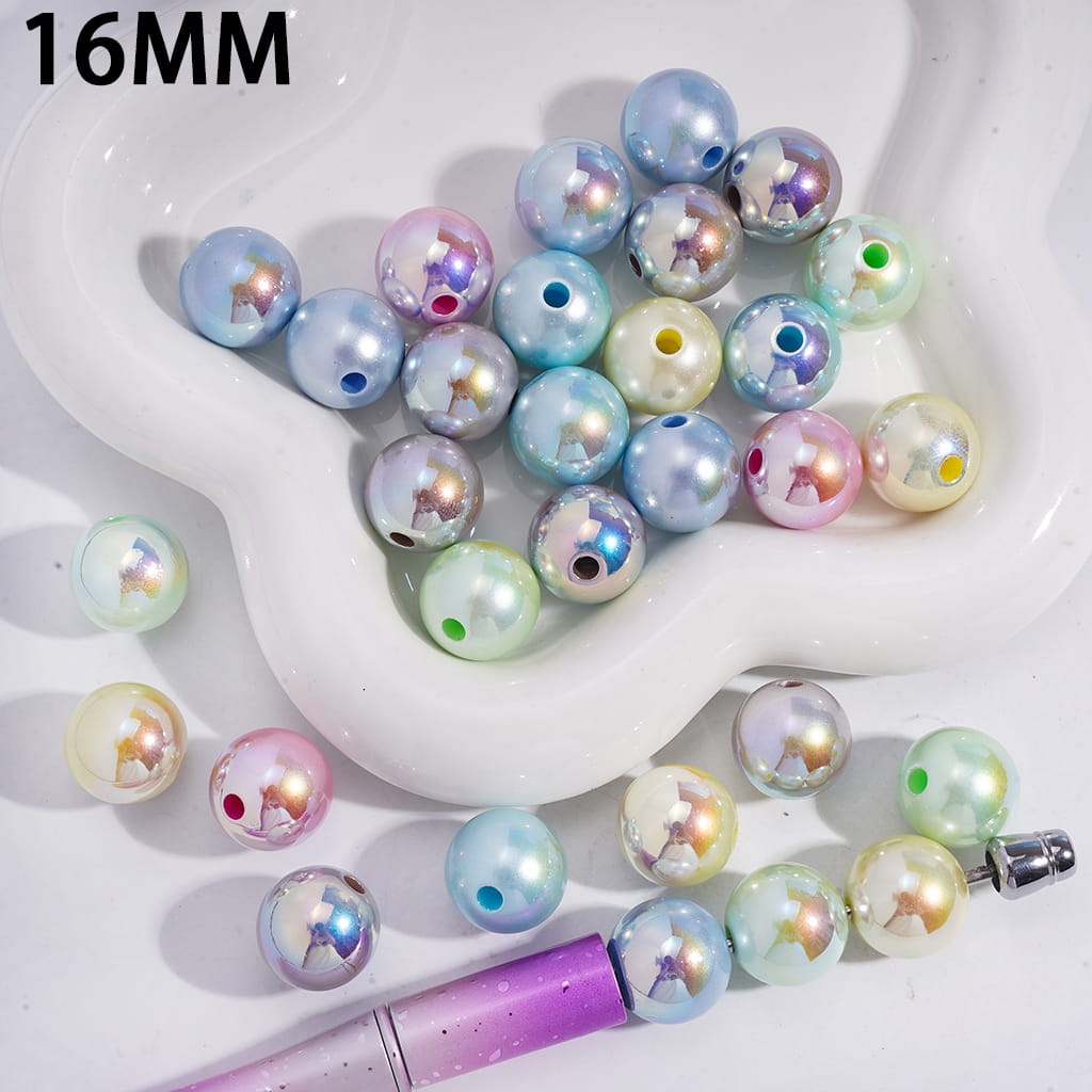 Acrylic Beads for Bracelets UV Coating Round in Pastel Nacreous Luster, 16MM, Random Mix