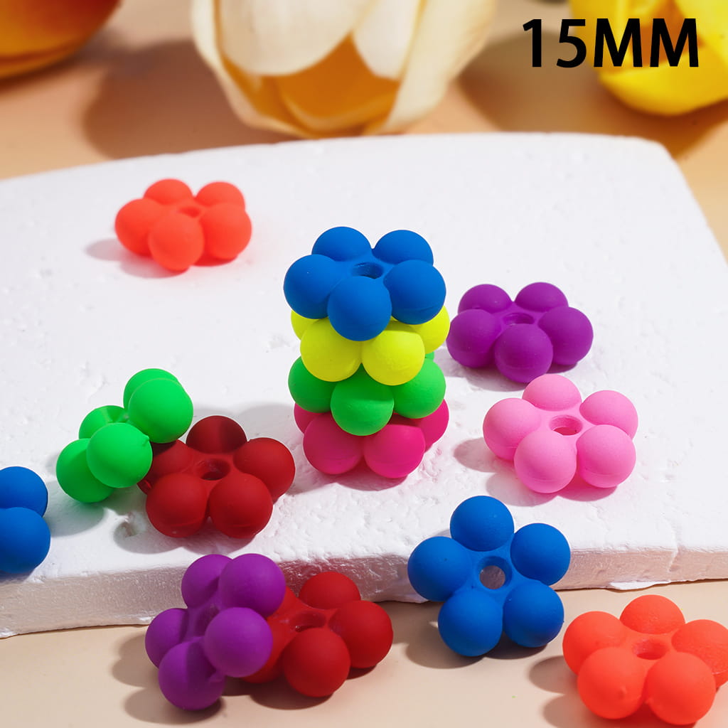 Acrylic Beads Matte Rubber Touch Five-Petaled Flower, Fluorescent Colors, 15MM, Random Mix