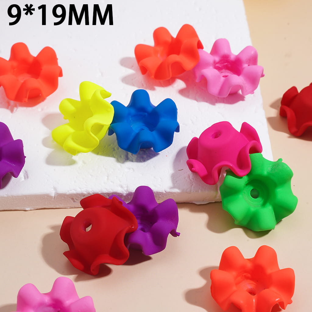 Bead Cages Wavy Edge Flower Pot, Acrylic Bead Cap in Matte Rubber Touch, Neon Colors, 9*19MM, Random Mix (They Fit 14MM Beads)