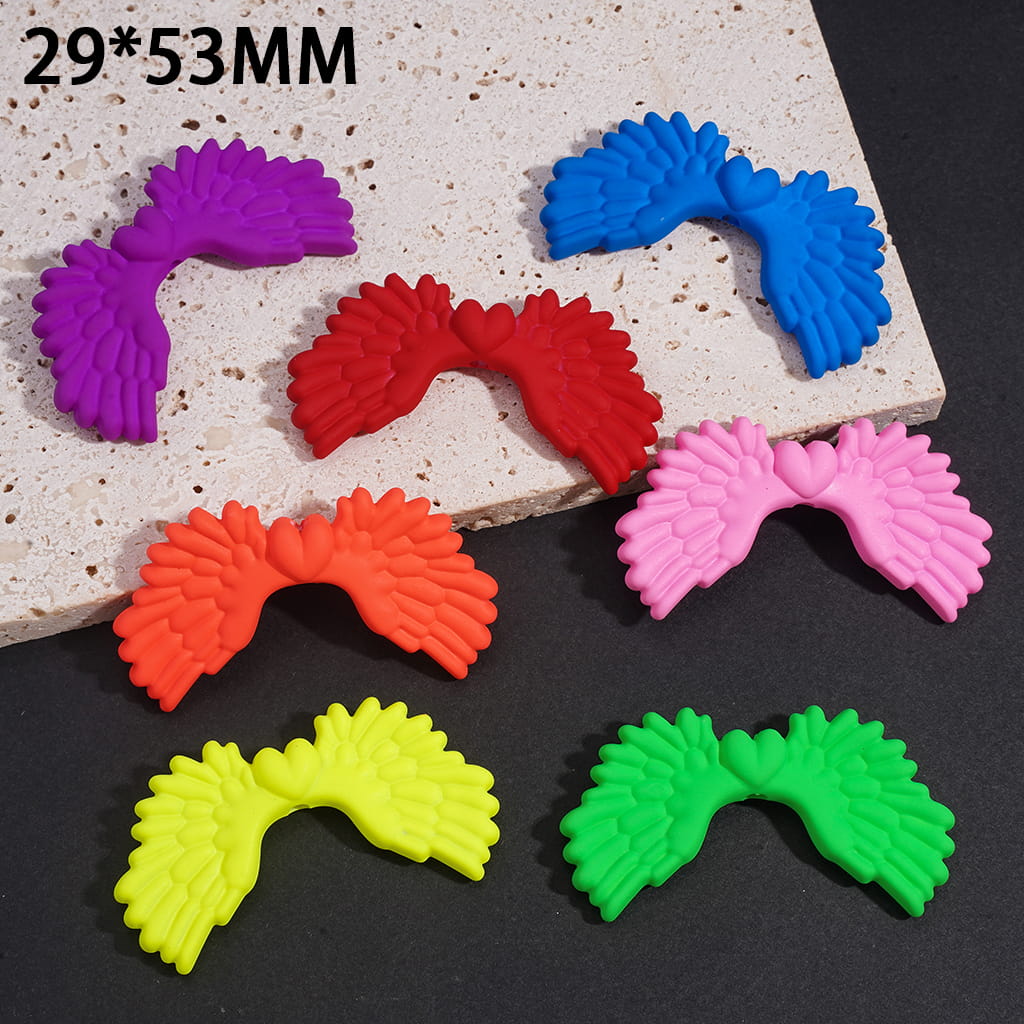 Acrylic Beads Matte Rubber Touch Heart with Angel Wings, Fluorescence Colors, 29*53MM, Random Mix