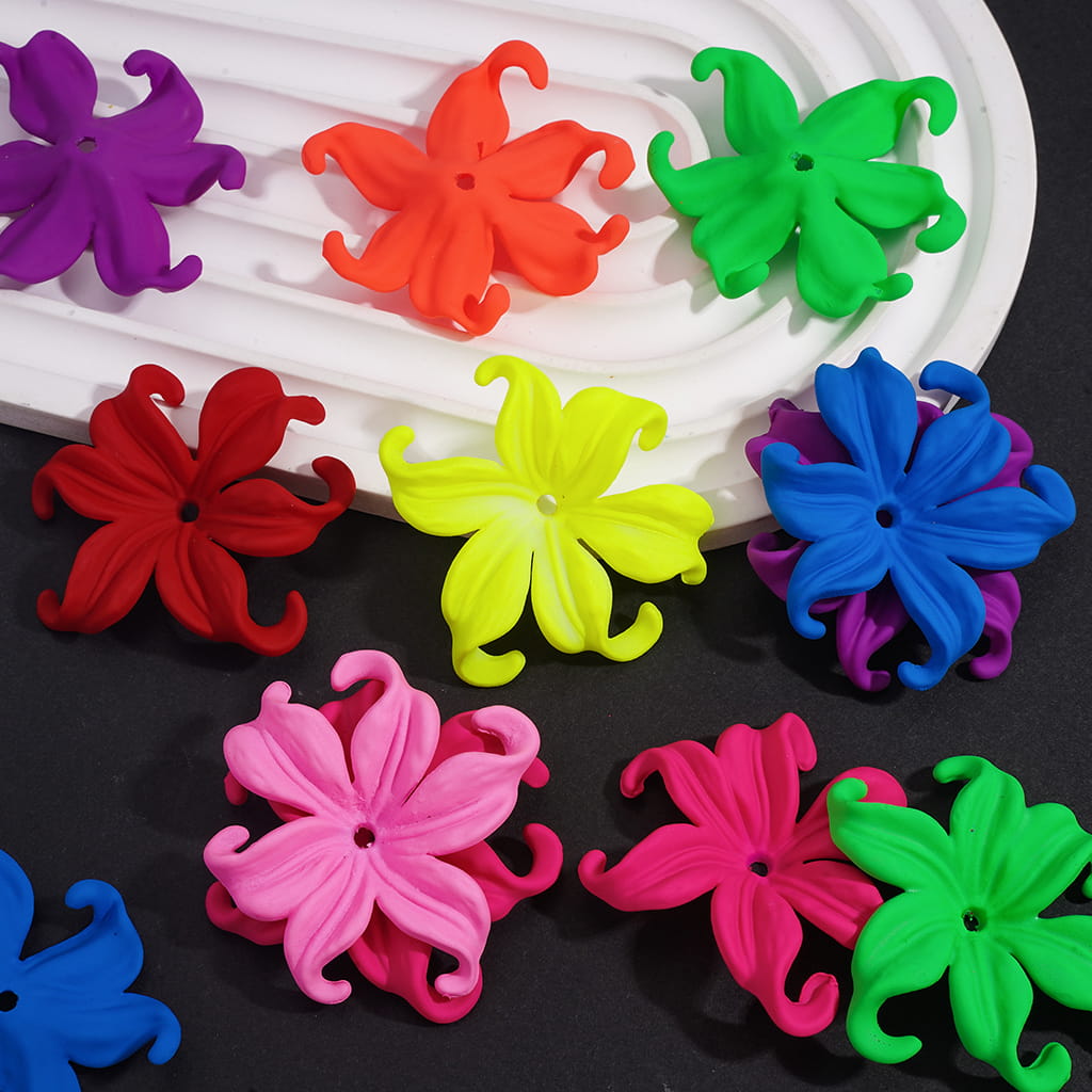 Acrylic Beads Matte Rubber Touch Flowers with Six Petals, Neon Colors, Random Mix