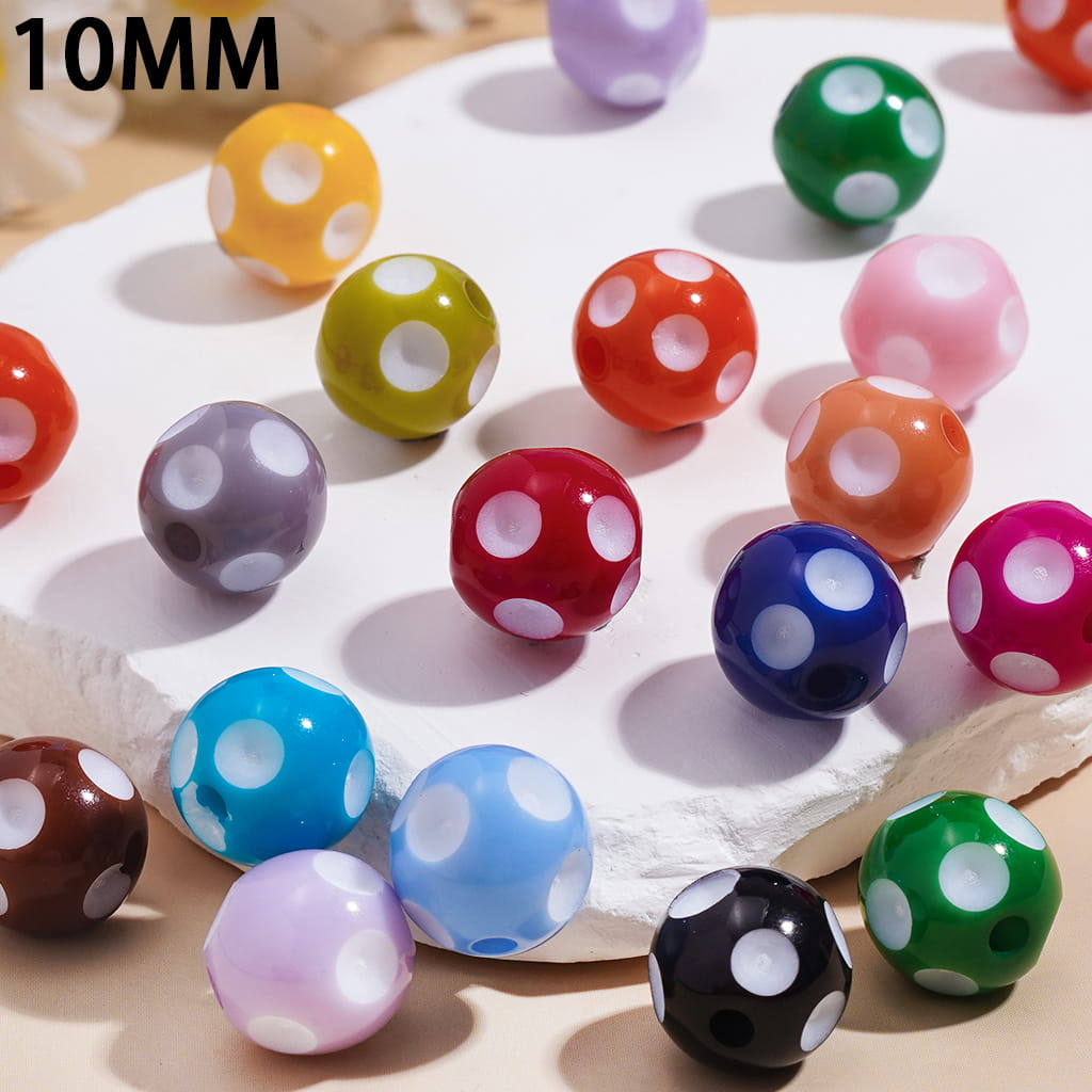 Acrylic Beads for Bracelets with White Polka Dots in Concavo-Convex, 10MM, Multi-Color, Random Mix