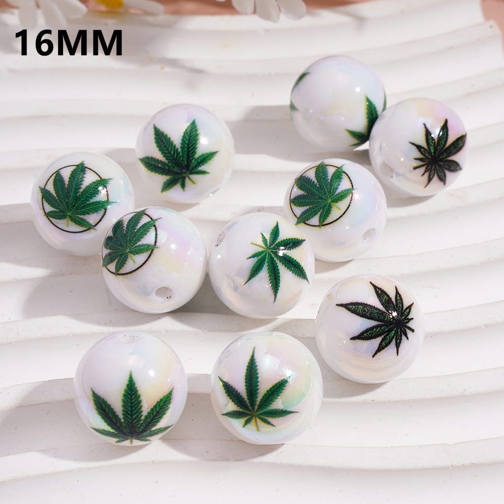 Acrylic Beads for Bracelets with Green Addictive Leaf Patterns, 16MM, Random Mix