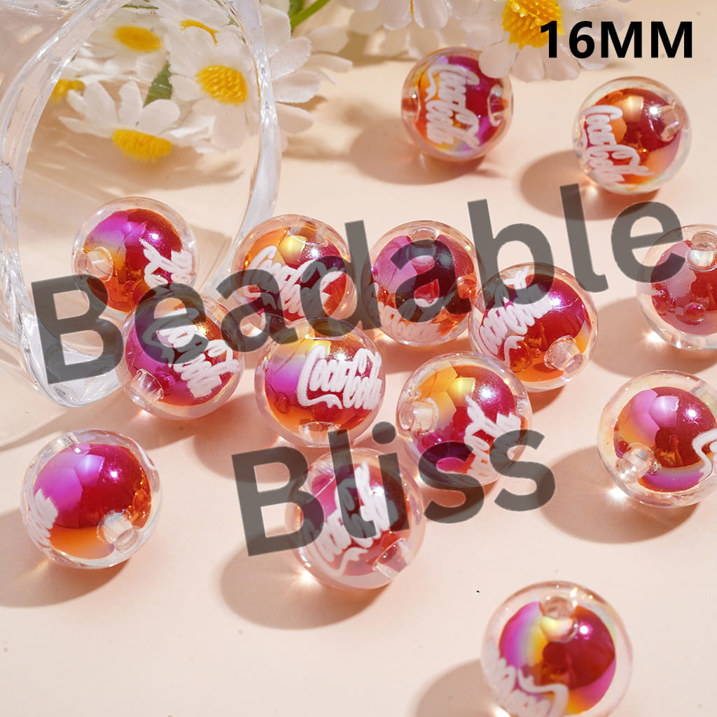 Soda Soft Drink Acrylic Beads for Bracelets UV Coating with Red Balls Inside, 16MM, Semi-Clear