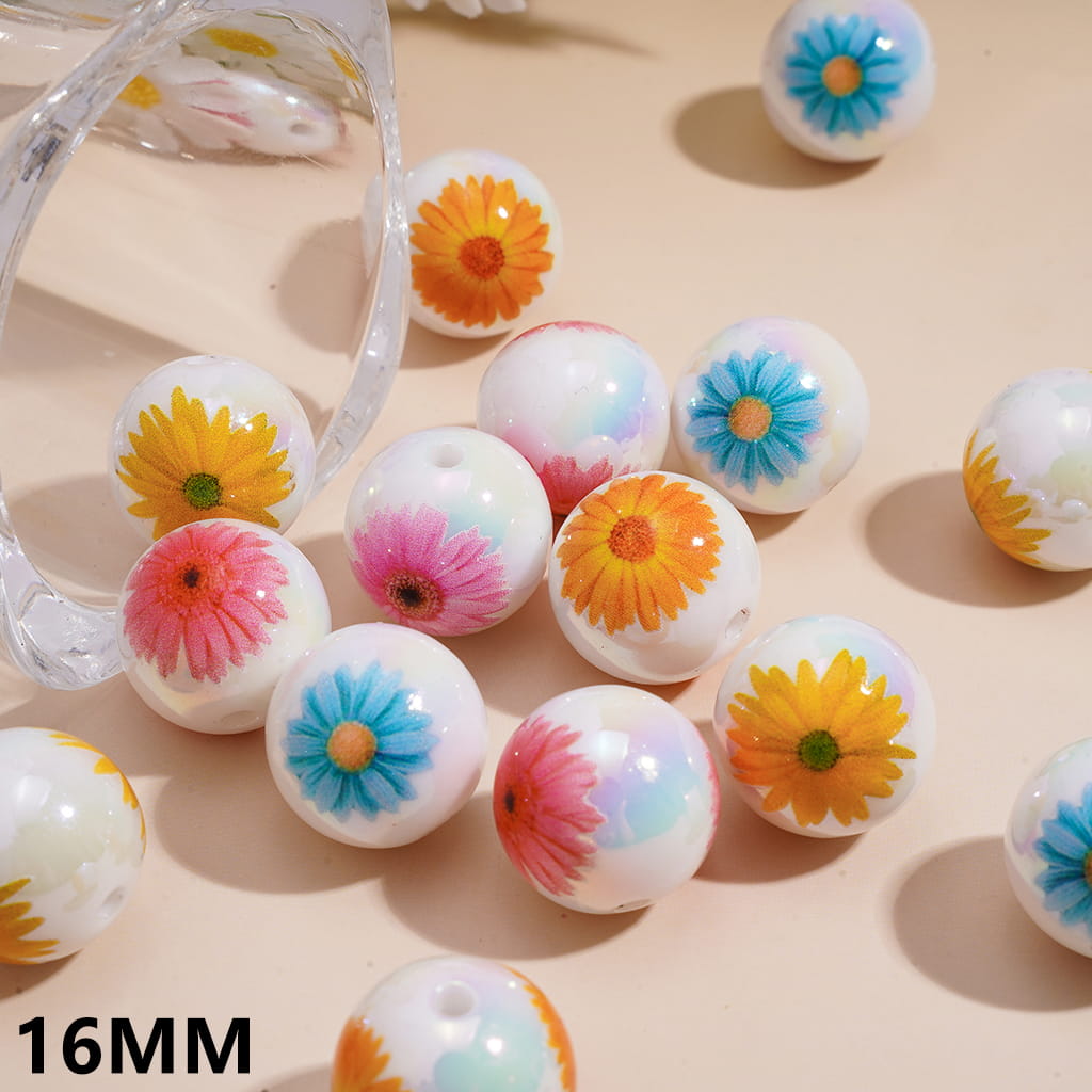 Acrylic Beads for Bracelets UV Coating with Daisy Flower Prints, 16MM, Random Mix