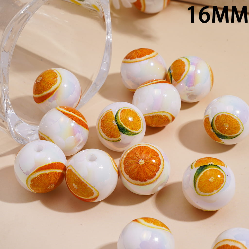 Acrylic Beads for Bracelets UV Coating with Fruit Orange Prints, 16MM, Random Mix