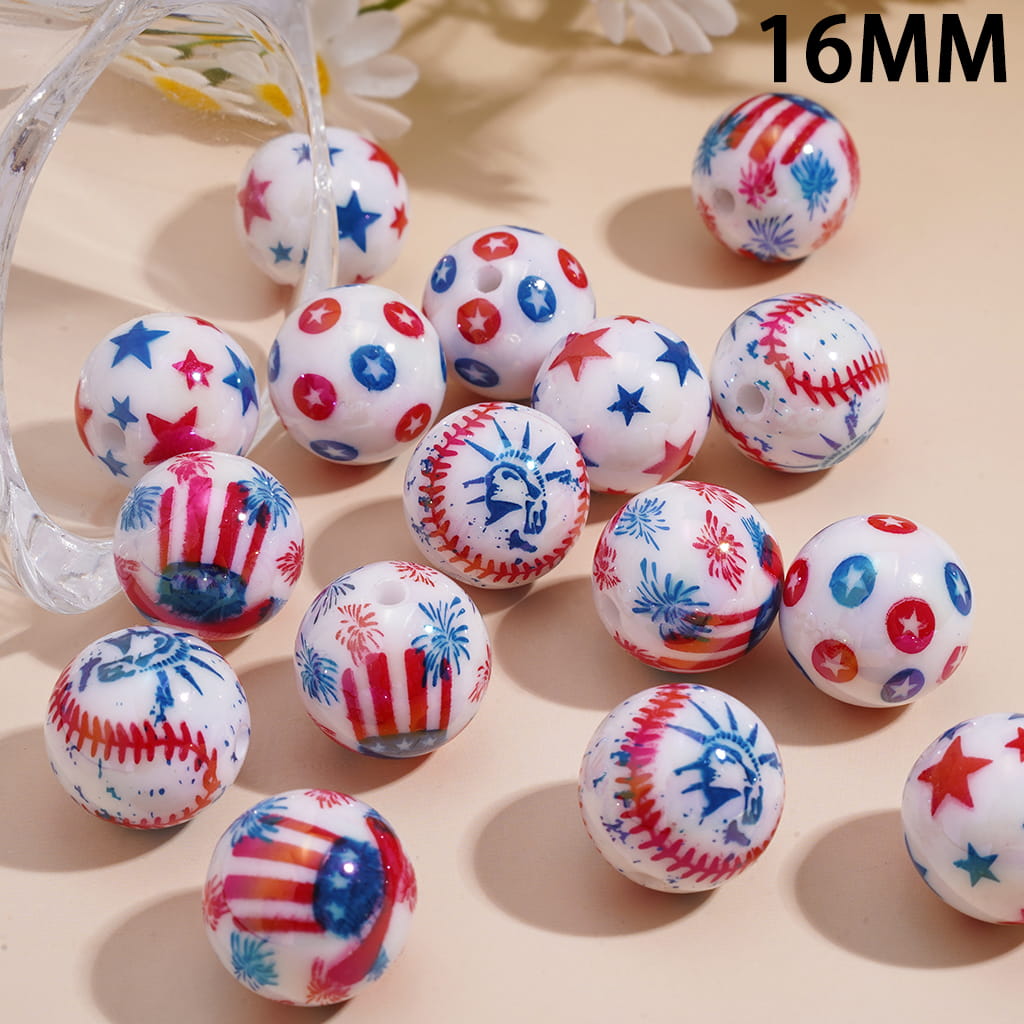 Acrylic Beads for Bracelets UV Coating USA American Independence Day Theme, 16MM, Random Mix