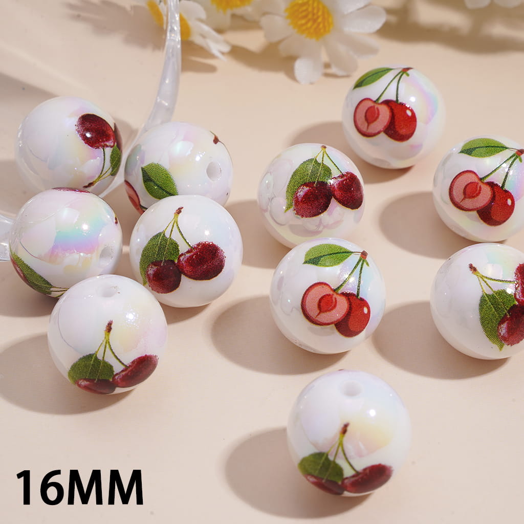 Acrylic Beads for Bracelets UV Coating Cherry Prints, 16MM, Random Mix