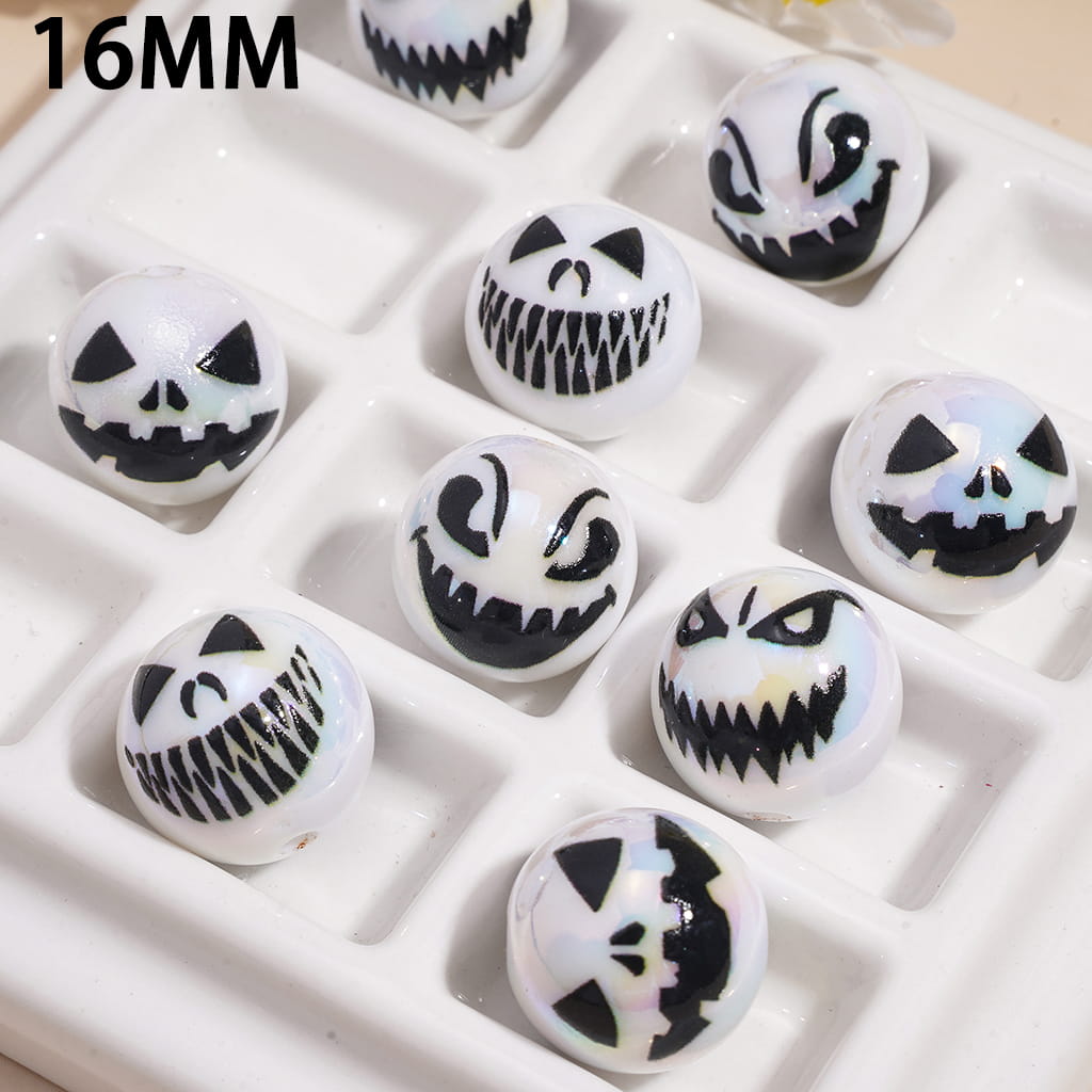 Acrylic Beads for Bracelets UV Coating Halloween Spooky Ghost Face Prints in Various Expression, 16MM, Random Mix
