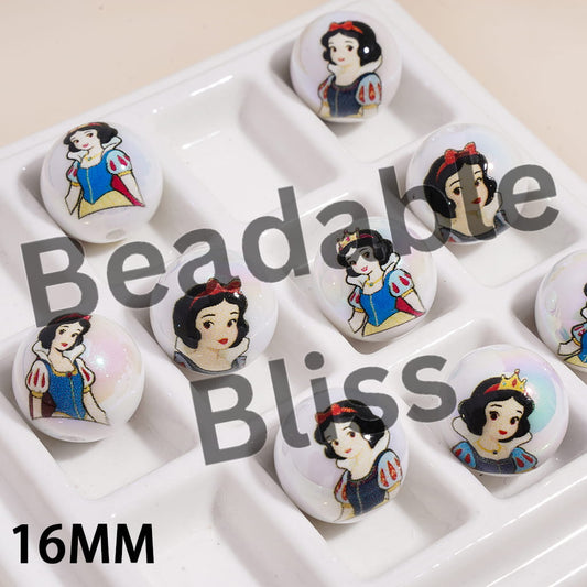 Acrylic Beads for Bracelets UV Coating with Classic White Snow Princess Prints, 16MM, Random Mix