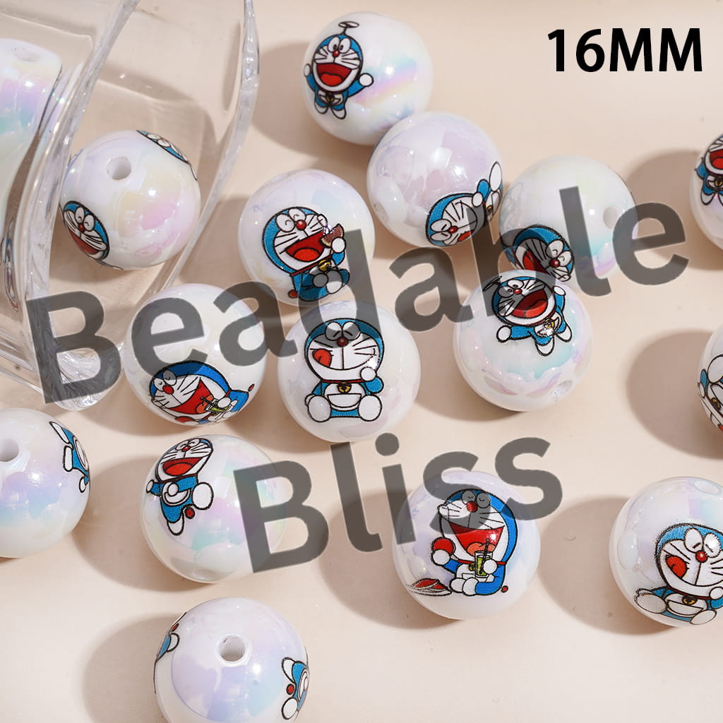 Acrylic Beads for Bracelets UV Coating with Japanese Blue Robot Cat Character Prints, 16MM, Random Mix