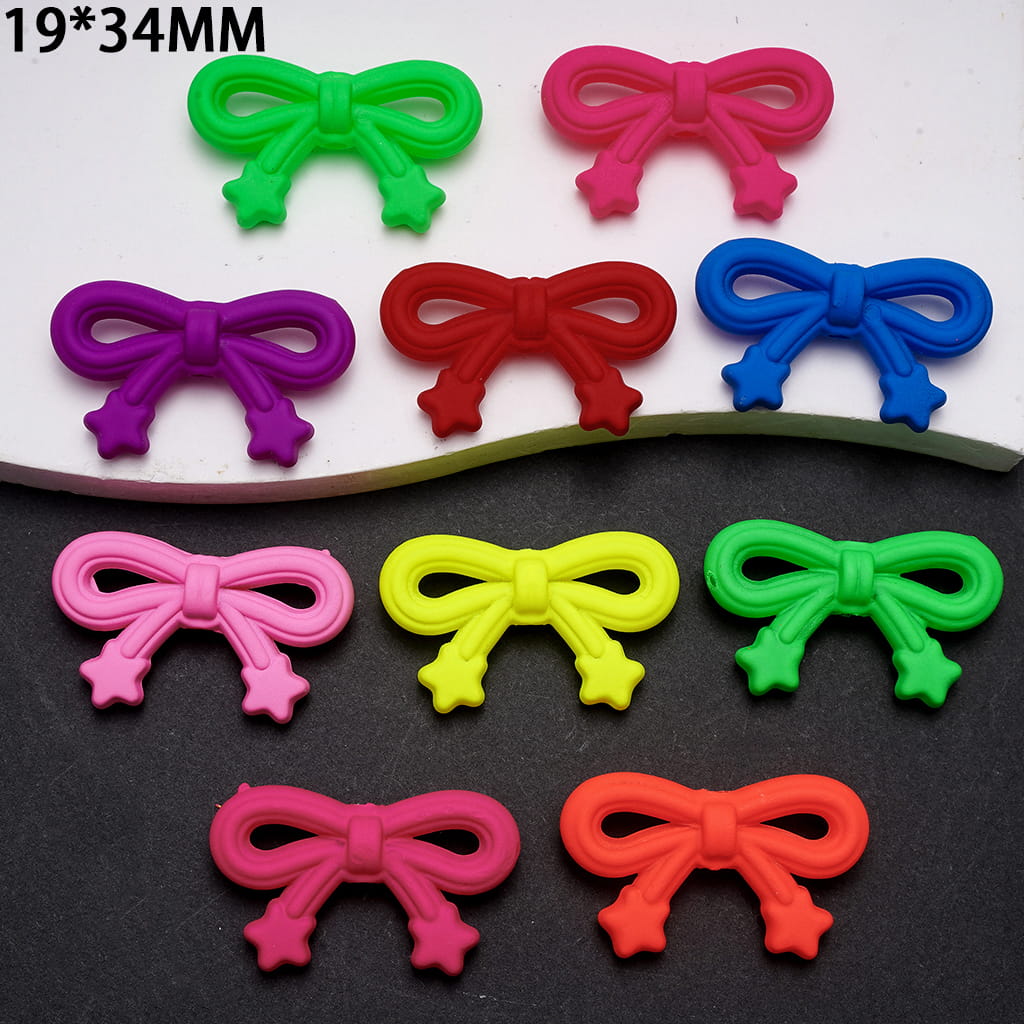Acrylic Beads Matte Rubber Touch Bowtie with Mini Star in Neon Color, 19*34MM, Random Mix
