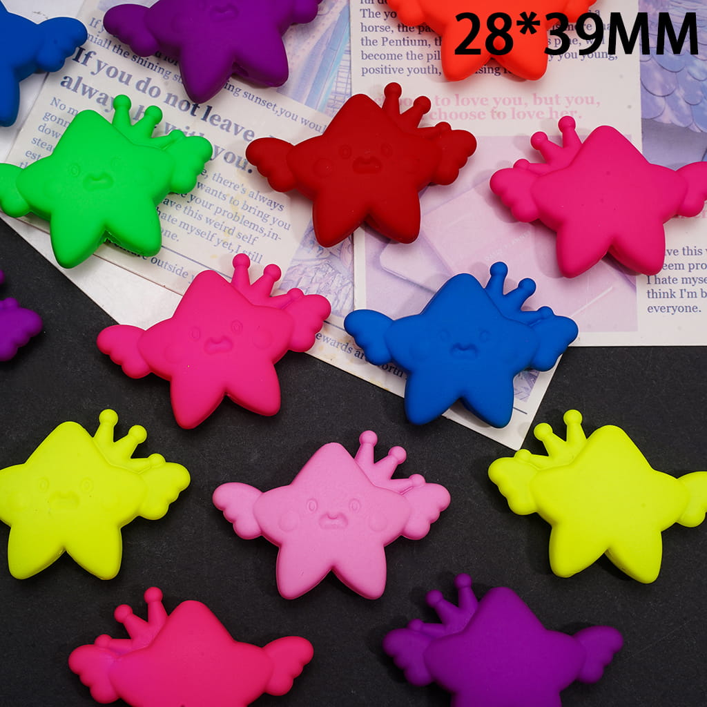 Acrylic Beads Star with Crown and Wings in Matte Rubber Touch, Fluorescent Color, 28*39MM, Random Mix