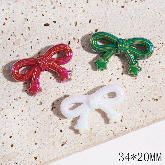 Acrylic Beads UV Coating Bowtie with Star, Christmas Theme, 34*20MM, Green White Red, Random Mix