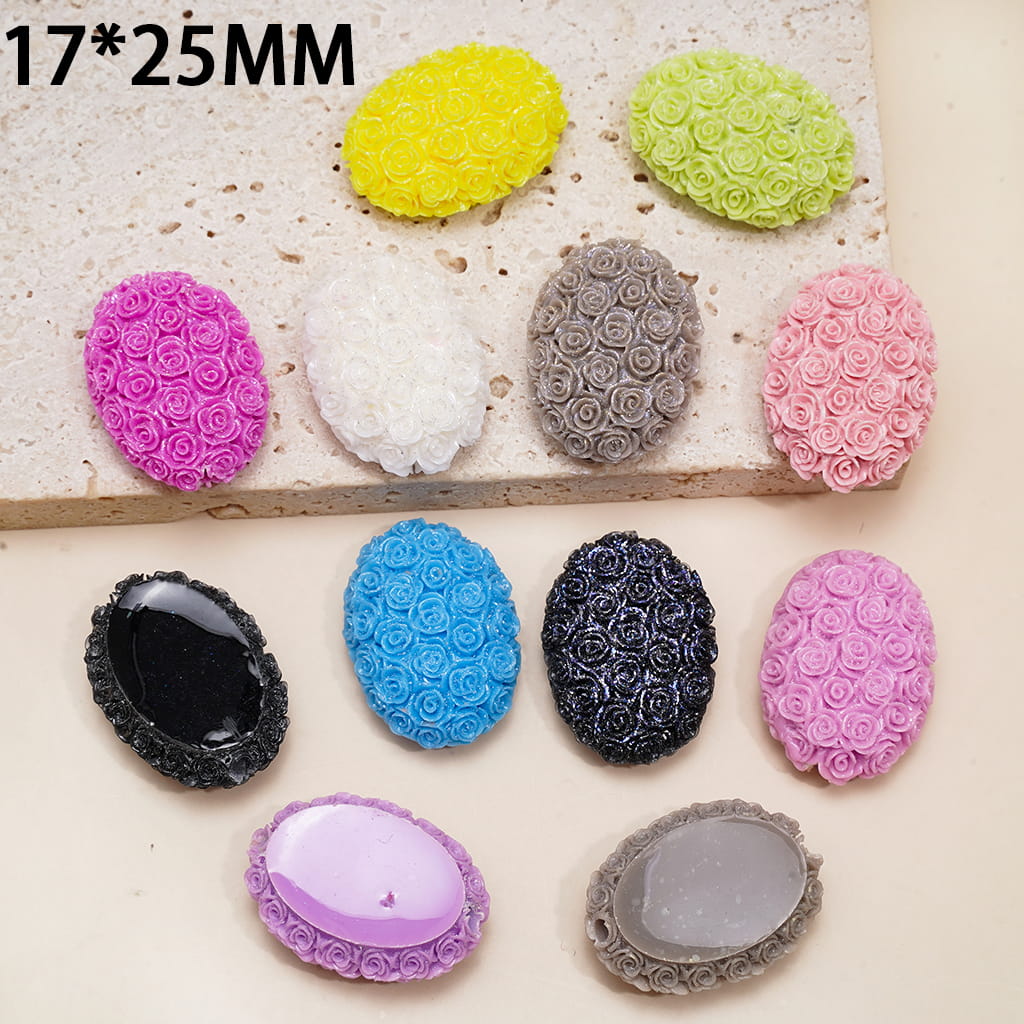 Oval Acrylic Beads with Rose Flowers, 17*25MM, Multi-Color, Random Mix