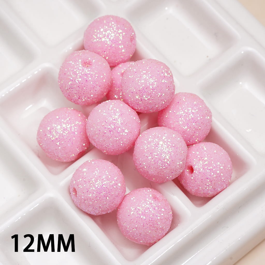 Acrylic Beads for Bracelets Pink Round with Shiny Glitters, 12MM, Middle Size