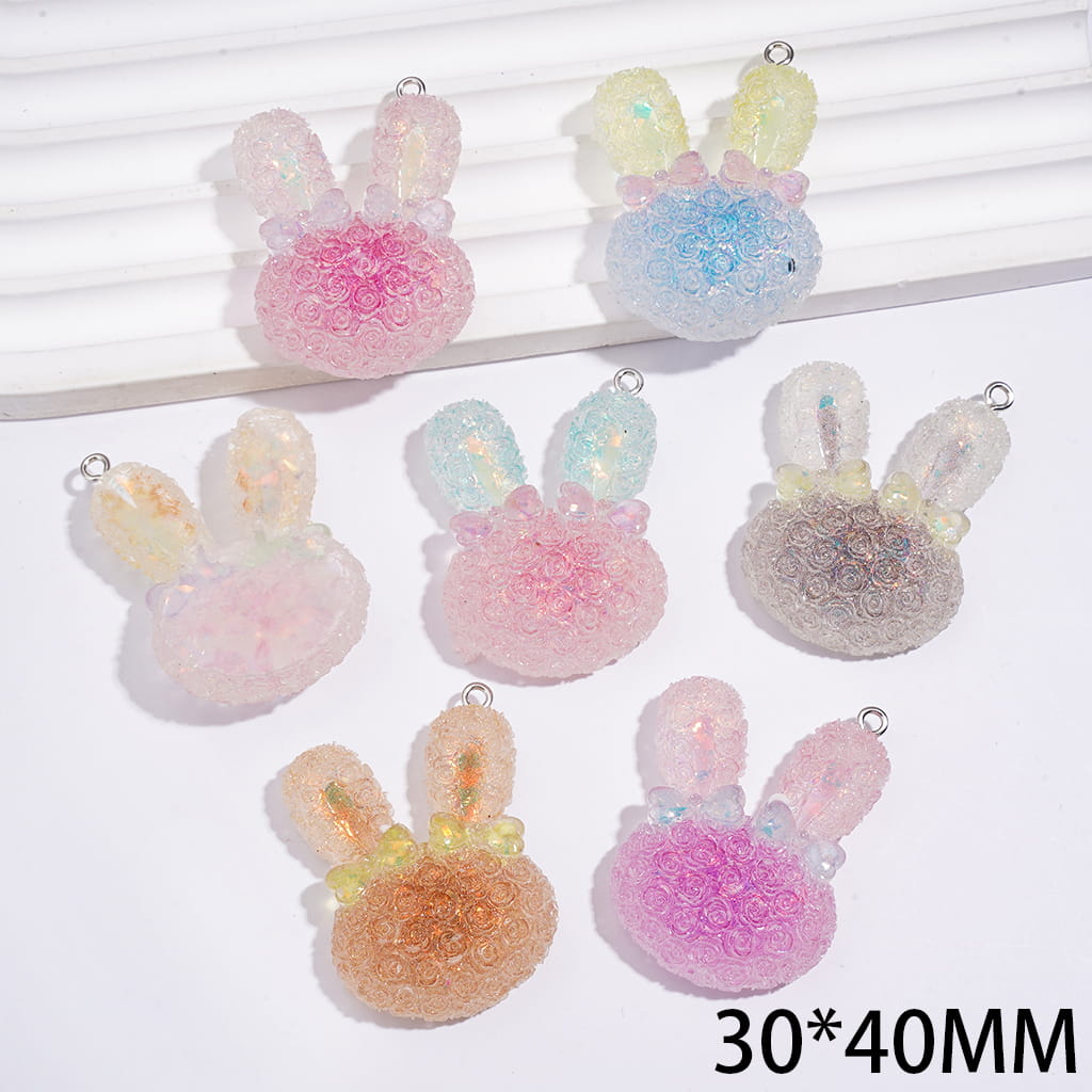Acrylic Beads Pendants Matte Ombre Color Bunny Head w Rose Flower and Bowtie, Broken Gold Flakes Inside, 30*40MM, Random Mix