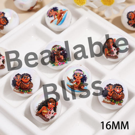 Acrylic Beads for Bracelets UV Coating with Sea Navigator Adventure Girl Character Prints, 16MM, Random Mix