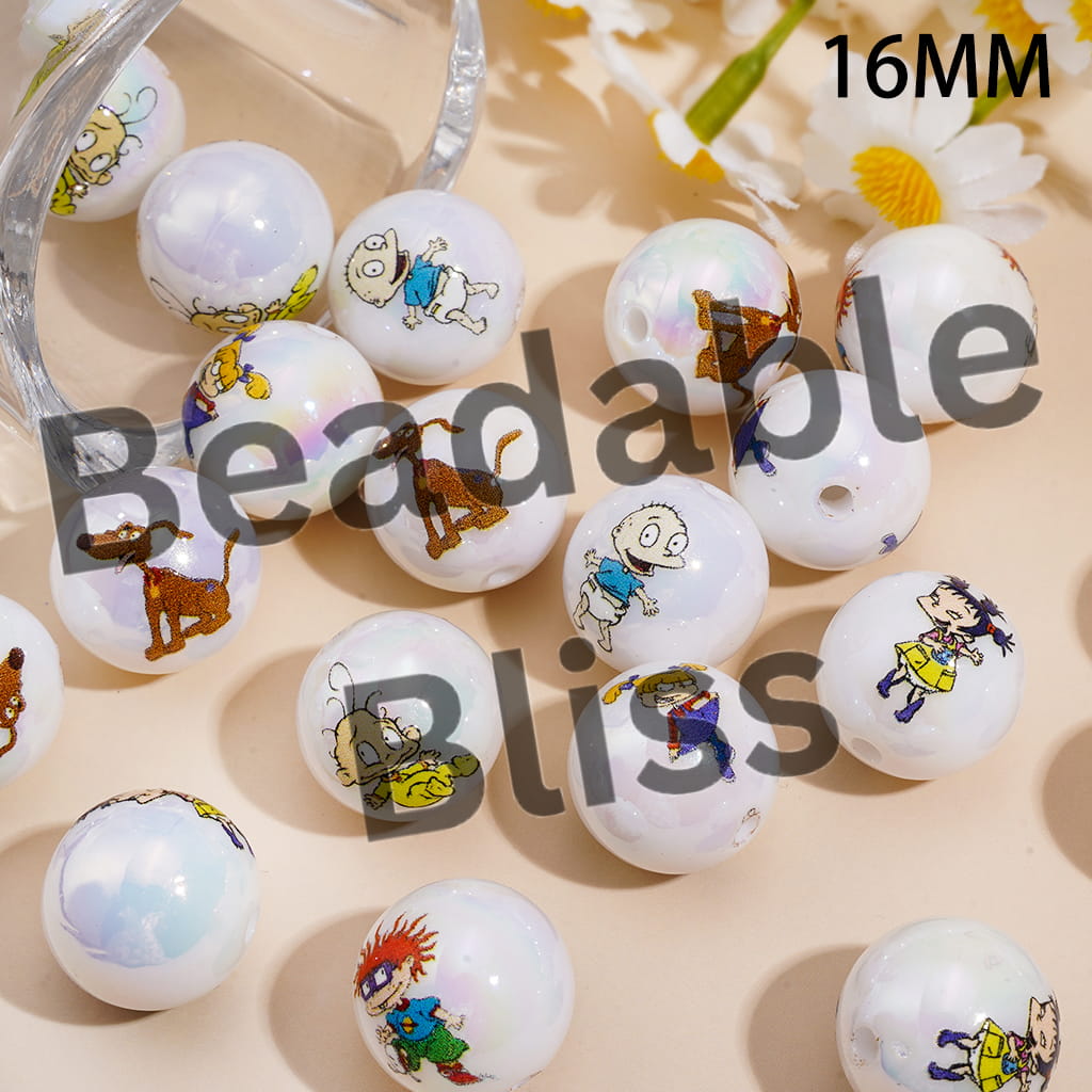 Acrylic Beads for Bracelets UV Coating with Naughty Kids Character Series, 16MM, Random Mix