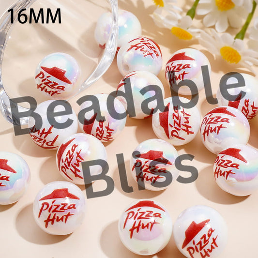 Acrylic Beads for Bracelets UV Coating with Text "Pizza..." in Food Theme, 16MM