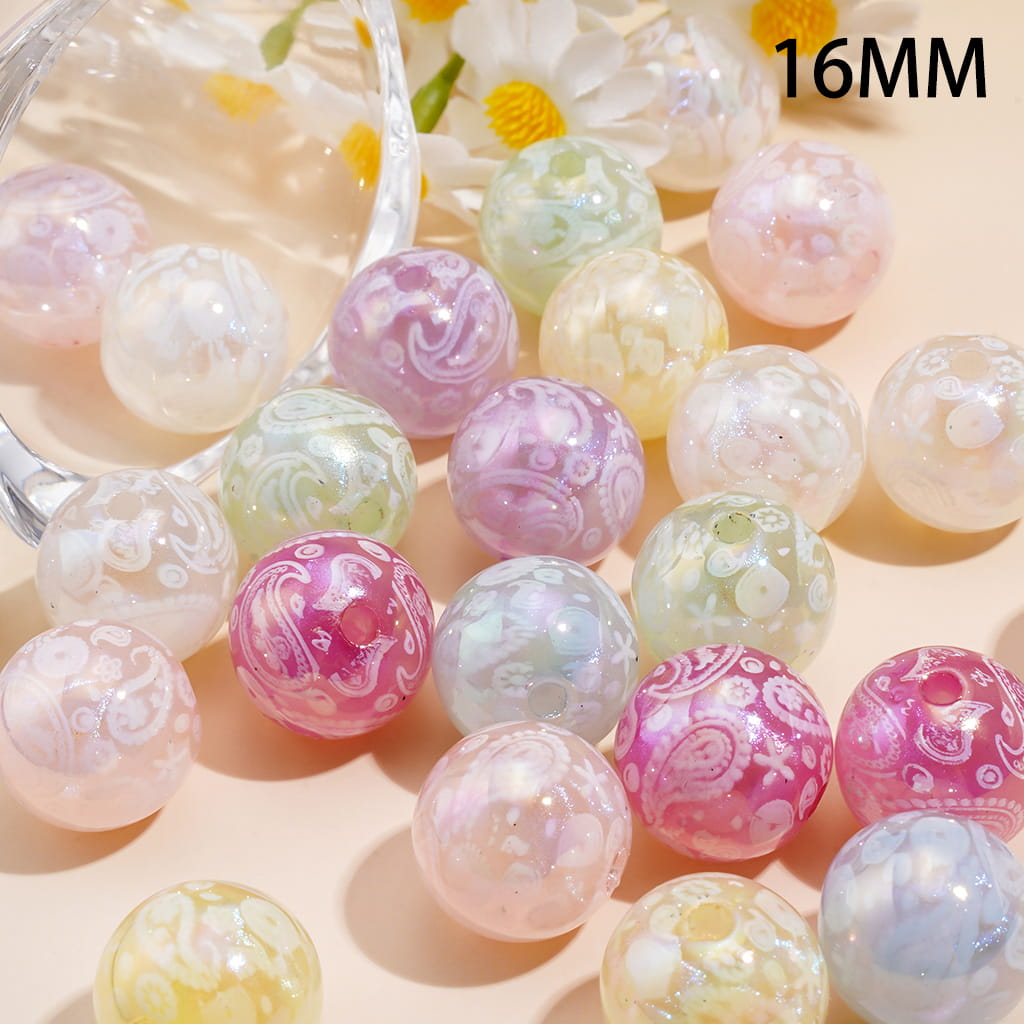 Acrylic Beads for Bracelets UV Coating with Traditional Paisley Designs Patterns, 16MM, Pastel Colors, Random Mix