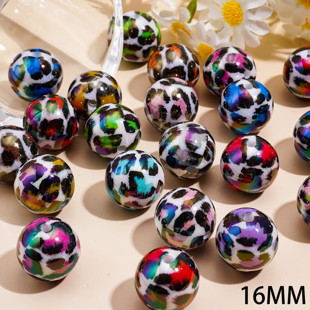 Acrylic Beads for Bracelets UV Coating with Colorful Leopard Patterns, 16MM, Random Mix