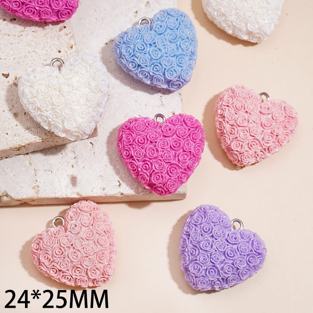 Acrylic Charms Pendants Frosted Heart with Rose Flowers, 24*25MM, Valentine's Day Theme, Multi-Color, Random Mix