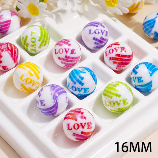 Acrylic Beads for Bracelets UV Coating with Valentine's Day Text "LOVE" and Striped Wings, 16MM, Random Mix