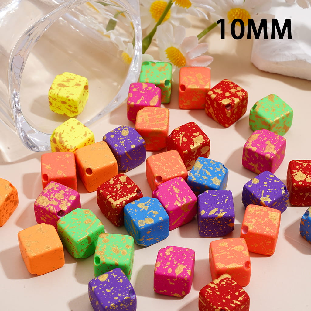 Cube Square Acrylic Beads with Gold Ink Splash-Ink Spots, 10MM, Fluorescence, Random Mix