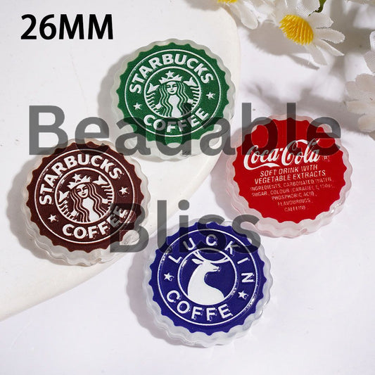 Acrylic Beads with Coffee and Soda Drink Cap, 26MM, Wavy Edged Round Shape, Random Mix