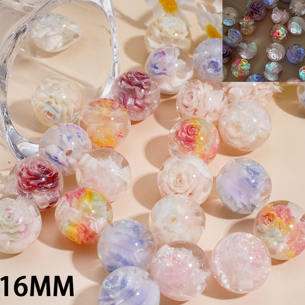 Acrylic Beads for Bracelets with Luminous Rose Flowers Embedded Inside Bead, Clear, 16MM, Random Mix