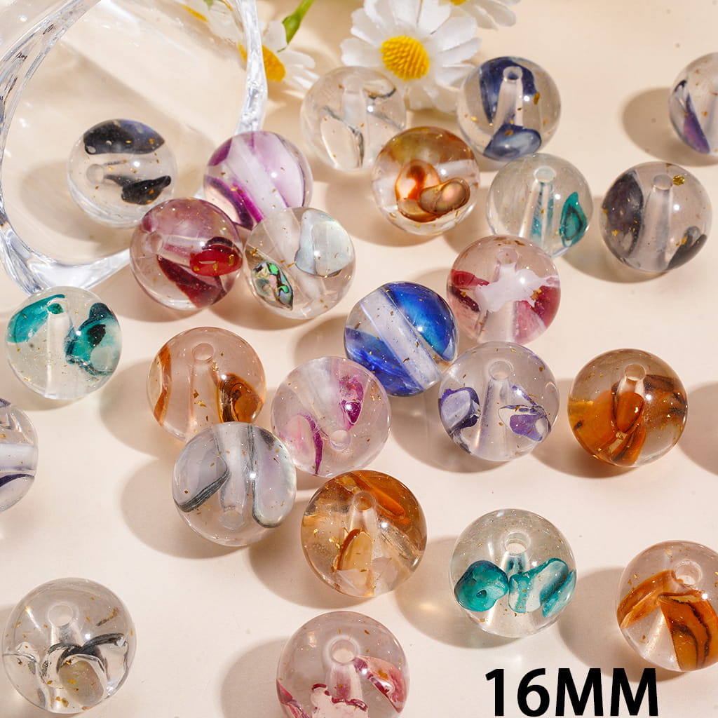 Acrylic Beads for Bracelets with Shell Flakes and Gold Foil Papers Embedded Inside Bead, 16MM, Random Mix