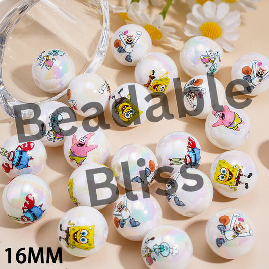 Acrylic Beads for Bracelets UV Coating with Yellow Sponge Baby Character Series  Prints, 16MM, Random Mix