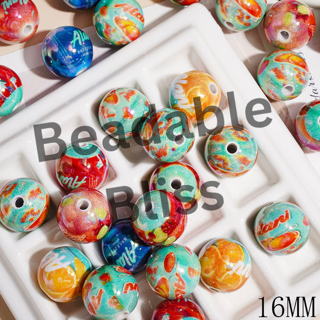 UV-Coated Acrylic Beads for Bracelets Energy Drink Prints, 16MM Random Mix Multi-Color