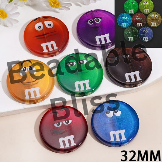 Candy Chips Acrylic Beads with Glitter, 32MM, Multi-Color, Flat Round Shape, Semi-Clear, Random Mix