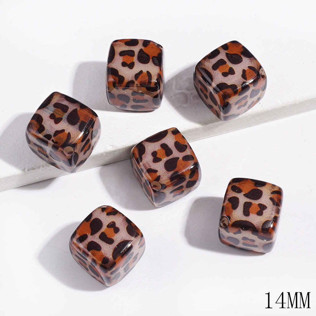 Diagonal Hole - Acrylic Beads Cube Square with Leopard Print, 14MM, Tan Earthy Orange Style