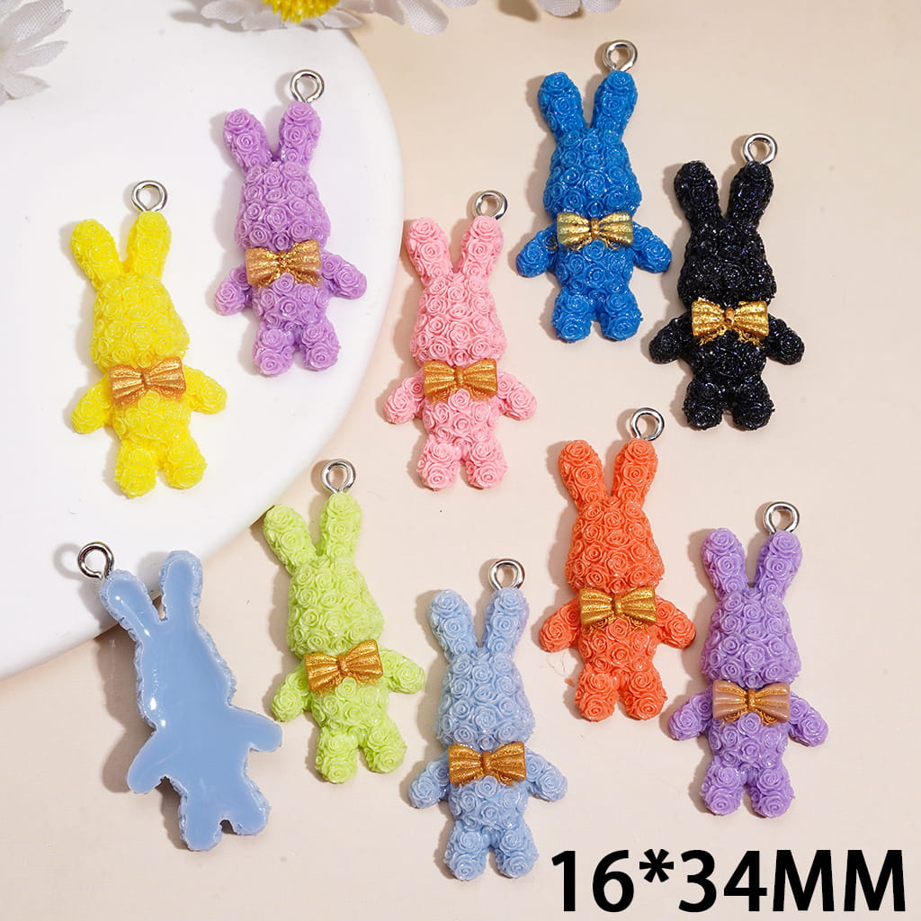 Acrylic Charms w Rose Bunny Design, Gold Bow Detail & Hanging Loop, 16*34MM Random mix