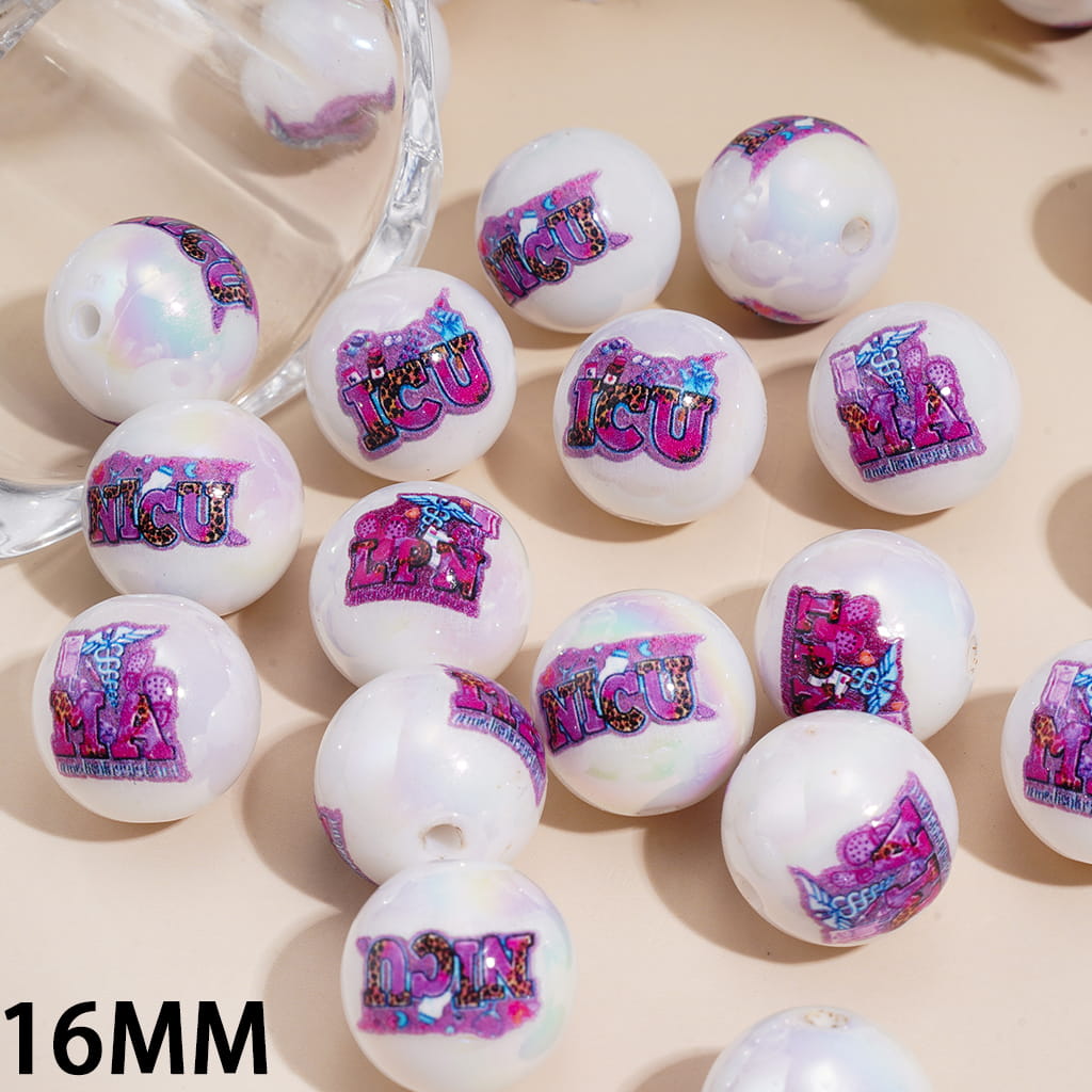 Acrylic Beads for Bracelets UV Coating w Medical Care Series, "NICU" "ICU" "MA" "LPN", 16MM, Random Mix